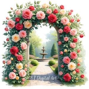 Op de afbeelding: Een boog versierd met rode, roze en gele rozen, omgeven door weelderig groen gebladerte. Een stenen pad leidt naar een fontein in een tuin. De afbeelding bevat de tekst "BI Digital Art".
