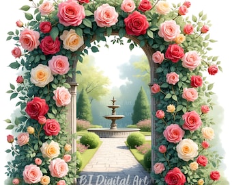 15 clipartafbeeldingen van rozentuinen – romantische bloemenbogen, tuinpaden en tuinscènes, aquarel JPG digitale download
