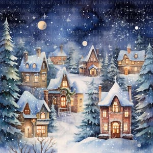 Winterliches Weihnachtsdorf in Aquarell.
Dieses stimmungsvolle Weihnachtsdorf-Set zeigt sieben liebevoll gestaltete Winterlandschaften mit verschneiten Häusern, leuchtenden Fenstern, hohen Tannen und einem ruhigen nächtlichen Himmel. Die warmen Lichtquellen, die geschwungenen Wege und die sanften Schneeflocken schaffen eine harmonische, festliche Atmosphäre – ideal für kreative Weihnachtsprojekte.