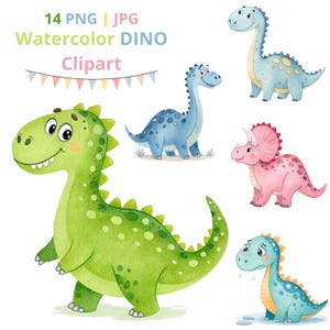 14 imágenes prediseñadas de dibujos animados de dinosaurios, acuarela de Dino Clipart, PNG JPG, descarga digital, diseño de sublimación, decoración de guardería, artesanías de papel