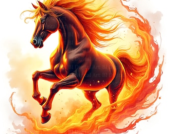 May include: A digital illustration of a rearing horse engulfed in flames. The horse is a dark brown color with a flowing orange mane and tail. The flames are a vibrant orange and red, creating a dynamic and energetic image.