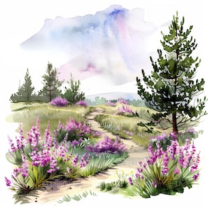 Peut inclure: Peinture à l'aquarelle d'un paysage pittoresque avec un chemin serpentant à travers un champ de fleurs violettes. Un grand pin se dresse à droite, avec des arbres plus petits en arrière-plan. Un ciel nuageux ajoute à l'atmosphère sereine.