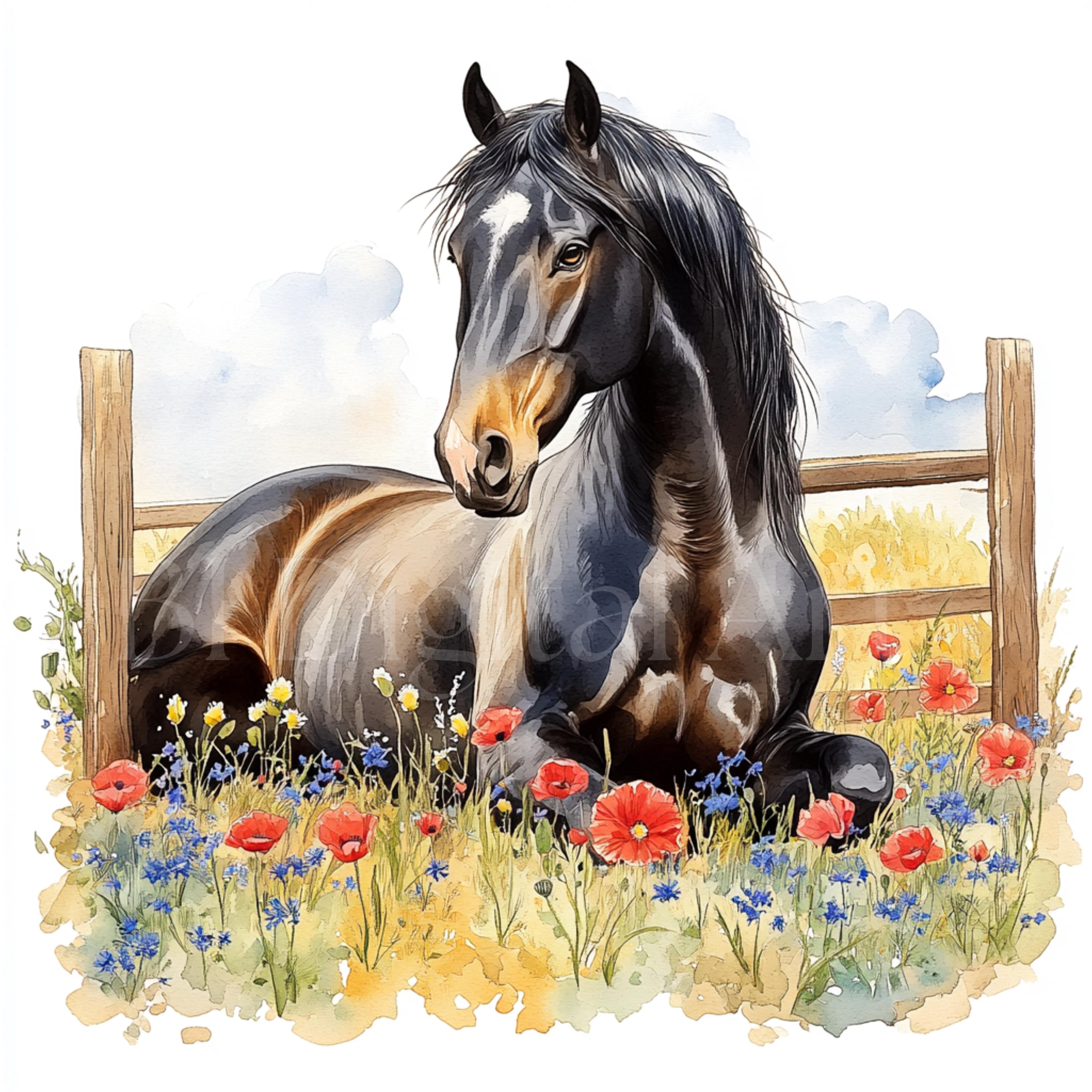 水彩画風の馬のイラストクリップアート、馬のウォールアート（デジタル