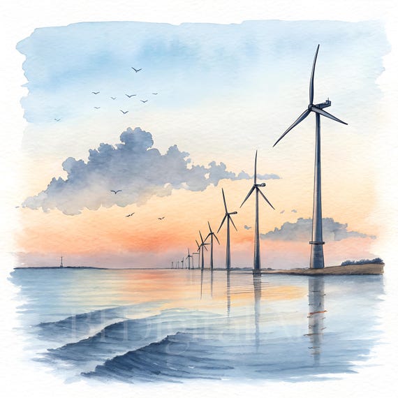 Watercolor Wind Turbine Clipart – Offshore Wind Farm, Renewable Energy (Digital Download)
