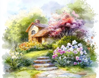 水彩画風シャクナゲの庭のクリップアート、春の花（デジタル