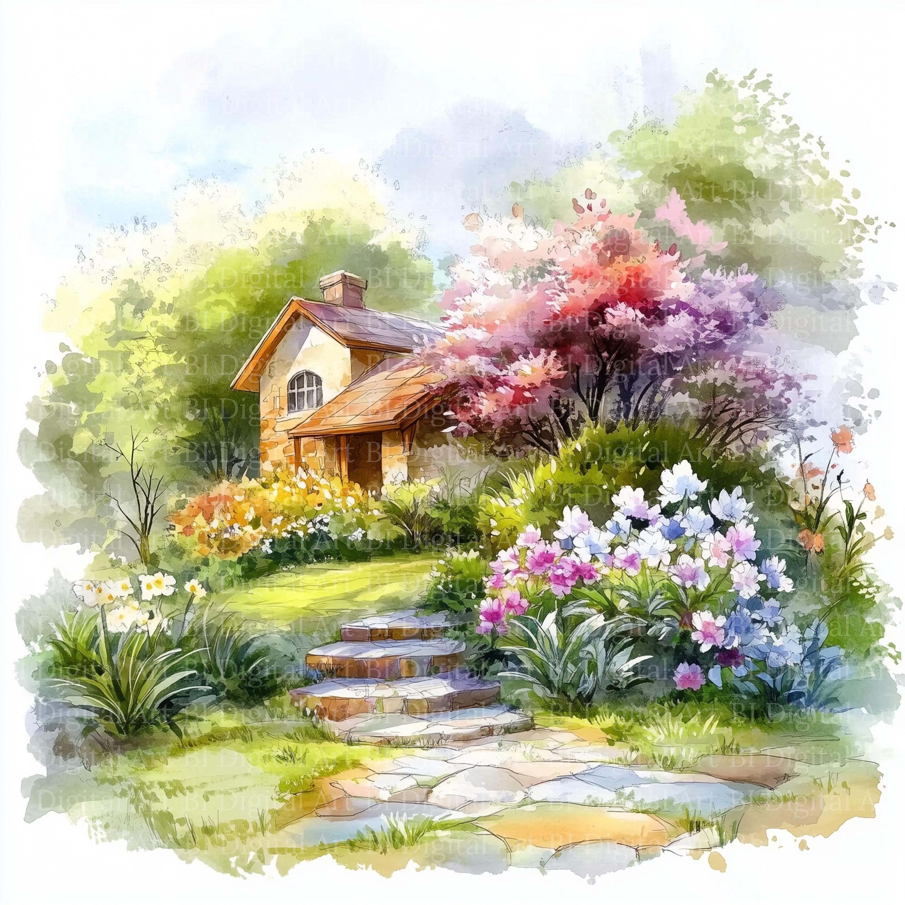 水彩画風シャクナゲの庭のクリップアート、春の花（デジタル