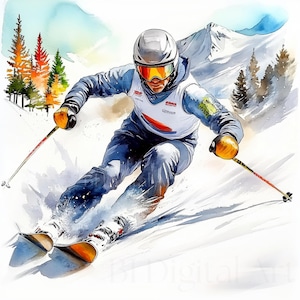 Clipart slalom sugli sci, 7 illustrazioni di sport invernali, acquerello stampabile, immagini digitali JPG di alta qualità, download istantaneo, uso commerciale