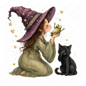 Puede incluir: Una ilustración en acuarela de una persona con cabello largo castaño que lleva un sombrero puntiagudo morado con estrellas doradas, arrodillada con un vestido verde mientras sostiene una rana verde. Un gato negro está sentado con una pata en la cara.