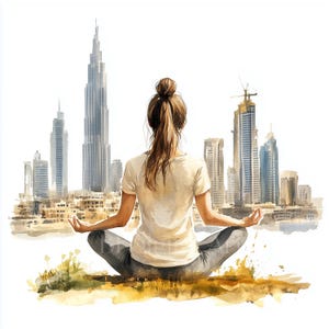 10 Frau meditiert in der Stadt Cliparts, Meditation Illustrationen, druckbare Aquarell, Digitaler Download, Hochwertige JPGs, Junk Journal