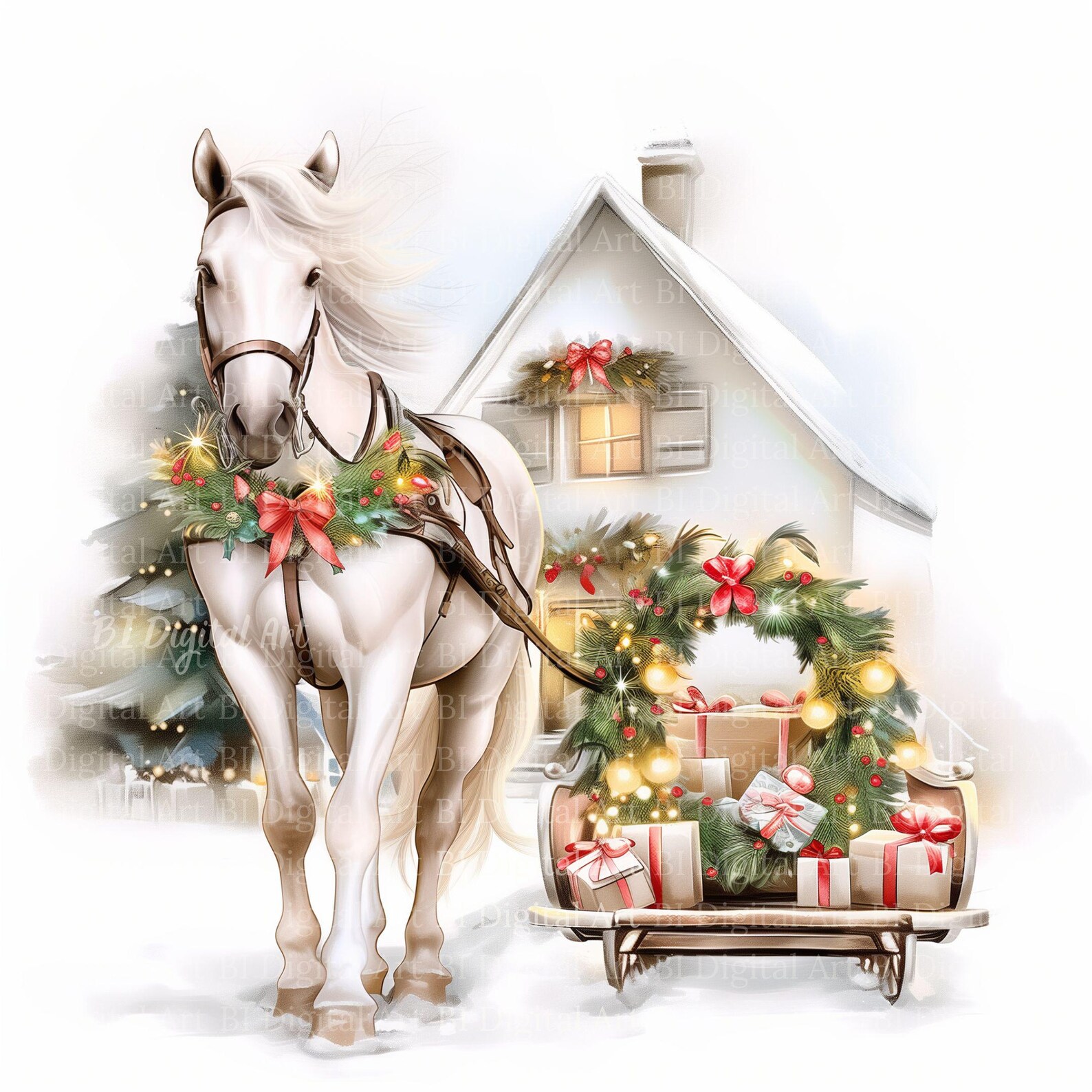 Watercolor Horse Sleigh Clip Art – Winter Christmas Landscape (digital ...
