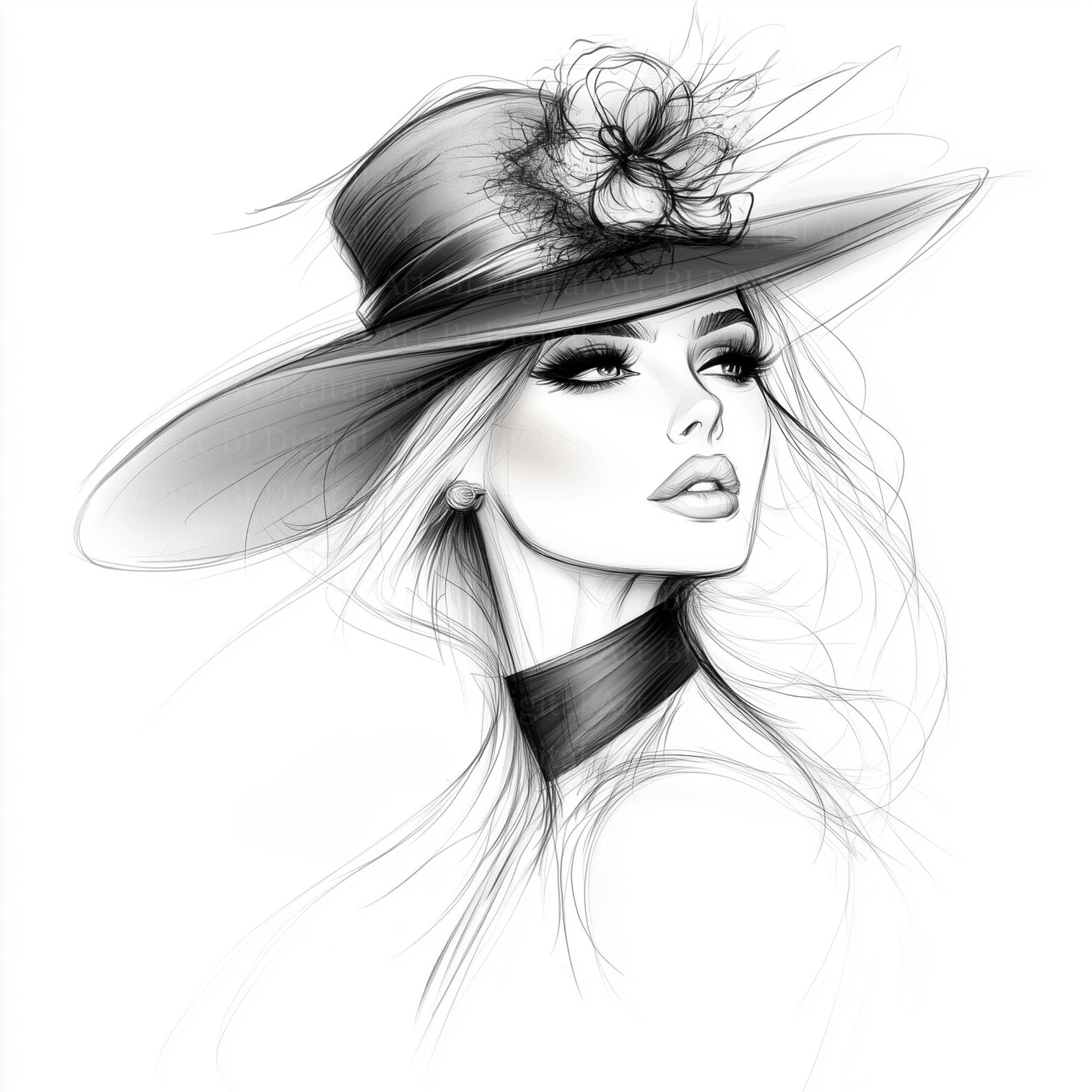 Woman Face Clipart in Line Art - Pencil Art Mix, Face Line Art Clipart