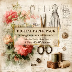 Può includere: Pacchetto di carta digitale con sfondi di cucito vintage. L'immagine presenta illustrazioni ad acquerello di rose, un vestito, forbici, rocchetti di filo e accessori per cucire. Il testo recita "12 JPG 30,48 cm x 30,48 cm Stampabile".
