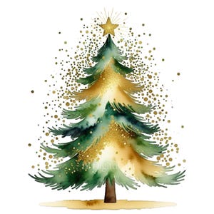 Puede incluir: Una pintura de acuarela de un árbol de Navidad verde con purpurina dorada y una estrella dorada en la parte superior.