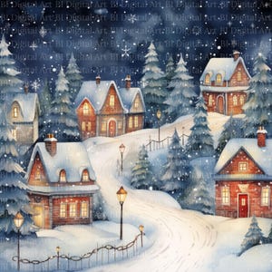Winterliches Weihnachtsdorf in Aquarell.
Dieses stimmungsvolle Weihnachtsdorf-Set zeigt sieben liebevoll gestaltete Winterlandschaften mit verschneiten Häusern, leuchtenden Fenstern, hohen Tannen und einem ruhigen nächtlichen Himmel. Die warmen Lichtquellen, die geschwungenen Wege und die sanften Schneeflocken schaffen eine harmonische, festliche Atmosphäre – ideal für kreative Weihnachtsprojekte.