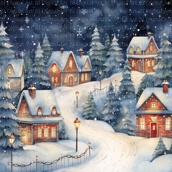 Christmas Village Watercolor Clipart – 7 Snowy Landscape Illustrations with Winter Houses (JPGs, Digital Download)