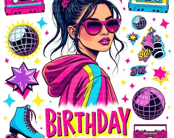 80s Birthday Girl Clipart, Retro Party Illustration, High-Res PNG & JPG, Sublimation Design, Paper Crafts, Junk Journal, Digital Download