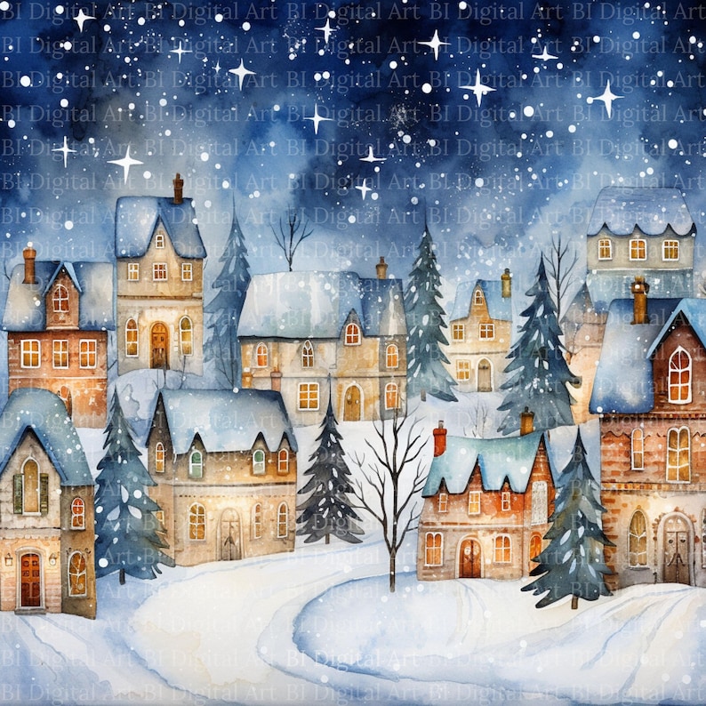 Winterliches Weihnachtsdorf in Aquarell.
Dieses stimmungsvolle Weihnachtsdorf-Set zeigt sieben liebevoll gestaltete Winterlandschaften mit verschneiten Häusern, leuchtenden Fenstern, hohen Tannen und einem ruhigen nächtlichen Himmel. Die warmen Lichtquellen, die geschwungenen Wege und die sanften Schneeflocken schaffen eine harmonische, festliche Atmosphäre – ideal für kreative Weihnachtsprojekte.