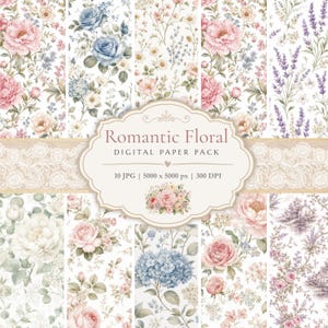 Puede incluir: Diez diseños de papel digital con patrones florales de acuarela. Los diseños incluyen rosas, peonías, lavanda y otras flores en tonos de rosa, azul y blanco. El texto "Romantic Floral DIGITAL PAPER PACK" se muestra en una etiqueta decorativa.