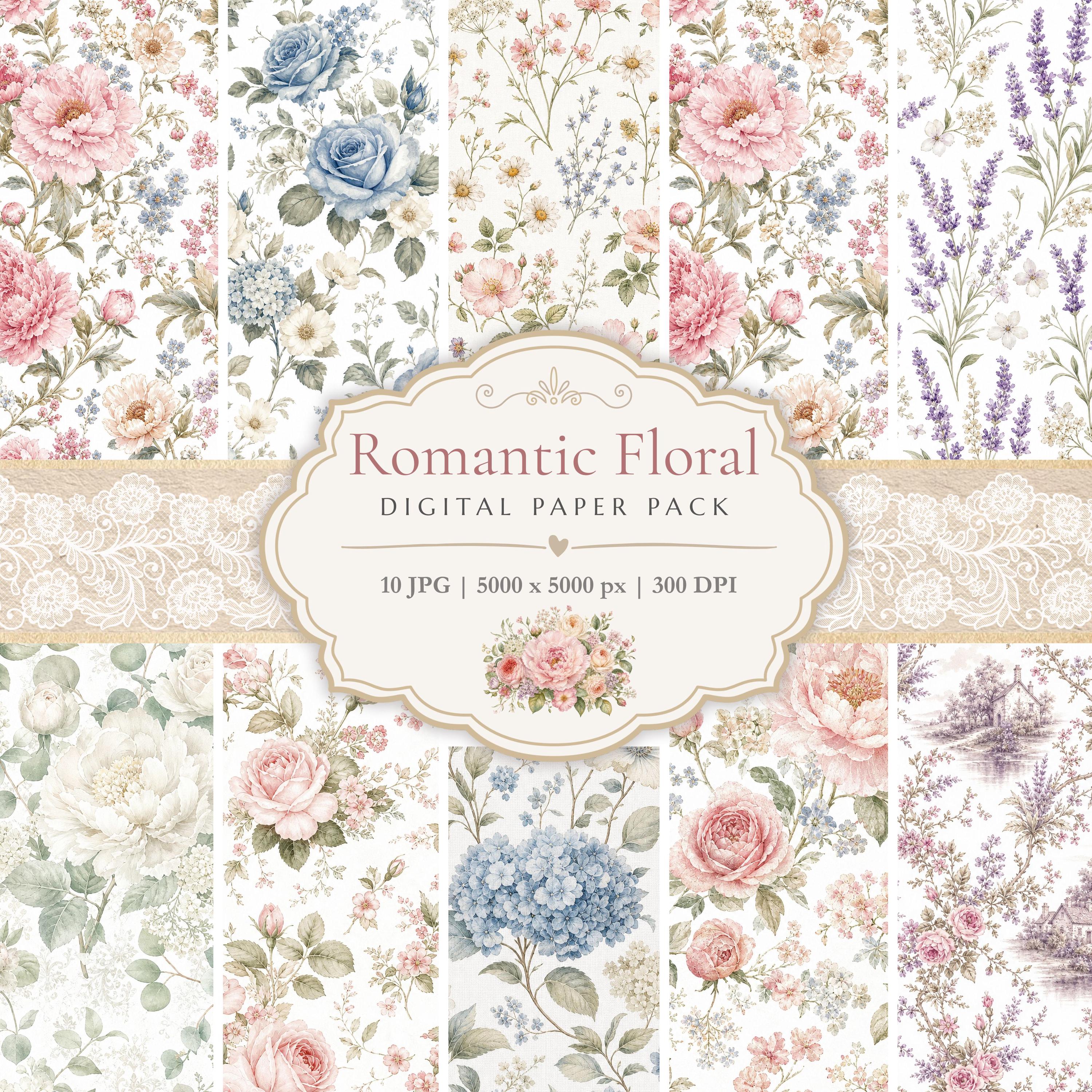 Romantic Floral Digital Paper Pack, Shabby Chic Seamless Patterns ...