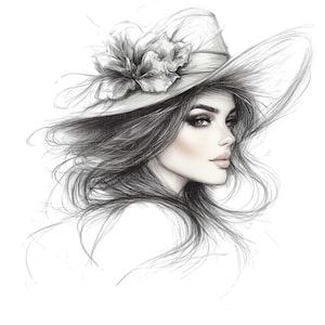 10 Femmes avec chapeau Clipart, Portrait au crayon de femmes, Dame avec des images de chapeau, Art numérique imprimable, JPG de haute qualité, Téléchargement numérique