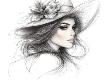 10 Women with Hat Clipart, Women Pencil Portrait, Lady with Hat Images, Printable Art, High-Quality JPG, Digital Download, Papercraft