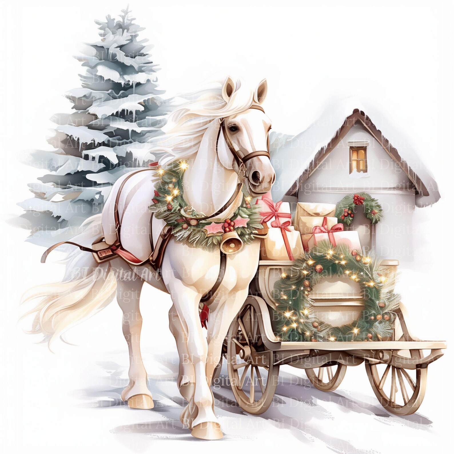 Watercolor Horse Sleigh Clip Art – Winter Christmas Landscape (digital ...