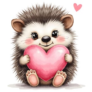 12 Cute Hedgehog with Heart Cliparts – Printable Watercolor Cartoon Illustrations, High-Resolution JPGs, Digital Download, DIY & Card Making
