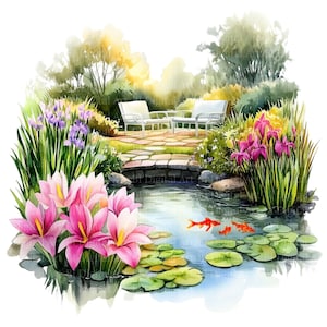 8 images d'étang avec nénuphars, paysages de nénuphars à l'aquarelle en haute résolution, fichiers PNG/JPG imprimables, téléchargement numérique, créations en papier