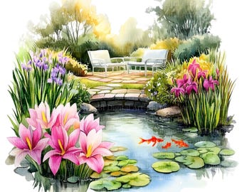 春の庭のクリップアート10選、水彩画の花園、印刷可能なファイル、高