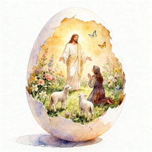 May include: Watercolor illustration of a cracked egg revealing a scene with a figure in white robes, two lambs, and a woman kneeling in a field of flowers. Two butterflies flutter above. The image has a soft, ethereal quality.