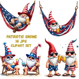 14 Patriotic Gnome Cliparts – Printable Cartoon Illustrations for 4th of July, USA Independence Day, Hi-Res  JPGs, Digital-Instant Download