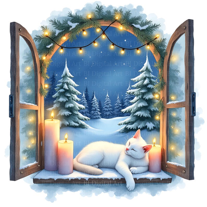 Dieses  Clipart-Set enthält 10 wunderschöne Aquarellillustrationen von winterlichen Fenstern mit süßen Katzen, stimmungsvoller Weihnachtsdekoration und sanftem Kerzenschein. Die Dateien sind im hochauflösenden JPG-Format erhältlich und eignen sich perfekt für kreative Bastel- und Digitalprojekte. 
</p>
<p>DIY-Bastelprojekte, Junk Journals, Scrapbooking, Weihnachtskarten, digitale Kunstwerke, Einladungskarten, Social-Media-Posts, Tassen, T-Shirts, Poster, Wandbilder, Etiketten, Sticker und vieles mehr!