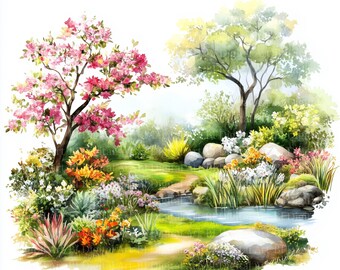 庭の池の水彩画クリップアート – 春の風景イラスト（デジタル
