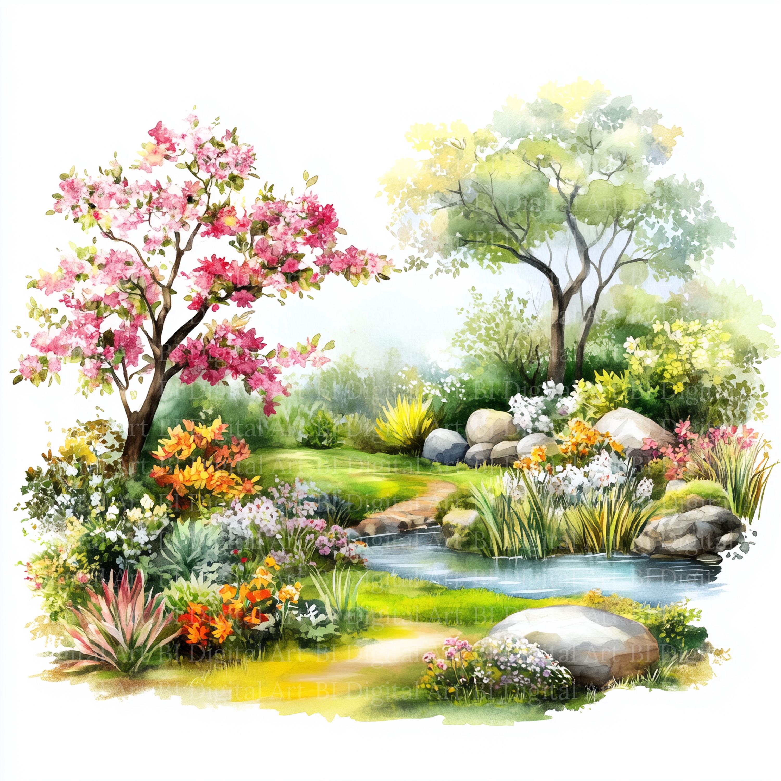 庭の池の水彩画クリップアート – 春の風景イラスト（デジタル