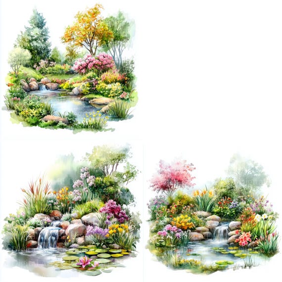 庭の池の水彩画クリップアート – 春の風景イラスト（デジタル