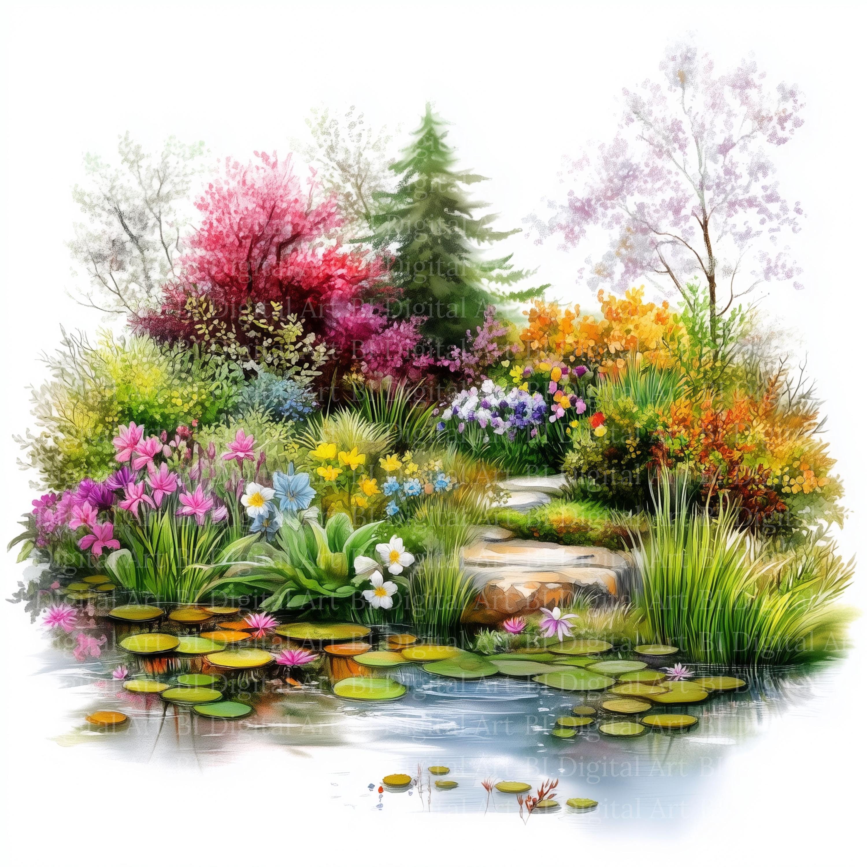 水彩画「池の水草」 庭の池の水彩画クリップアート – 春の風景イラスト（デジタル
