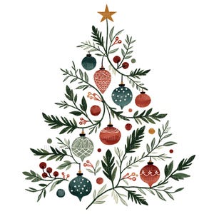 May include: A watercolor illustration of a Christmas tree composed of green branches and leaves. The tree is adorned with various ornaments in red, teal, and gray, along with red berries and a gold star on top. The design is set against a white background.