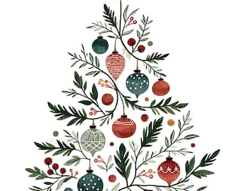 May include: A watercolor illustration of a Christmas tree composed of green branches and leaves. The tree is adorned with various ornaments in red, teal, and gray, along with red berries and a gold star on top. The design is set against a white background.
