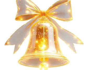 Christmas Bell Clipart, Golden Bell with Bow (Digital Download)