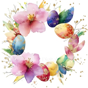10 PNG Easter Wreath Watercolor Illustrations, Easter Flower Wreath Clipart, Spring Flowers and Eggs, Sublimation, Digital Download, DIY