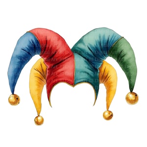 12 imágenes prediseñadas de cabañas de bufón, diseño de carnaval de Mardi Gras en acuarela, archivos PNG/JPG, descarga digital, para sublimación y manualidades con papel