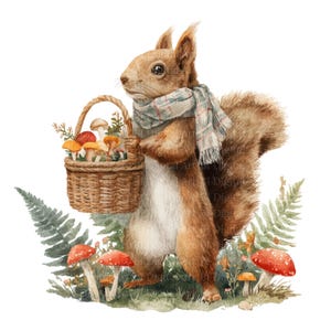 Puede incluir: Ilustración en acuarela de una ardilla con una bufanda, sosteniendo una cesta llena de setas. La ardilla está rodeada de helechos y setas de sombrero rojo, creando una escena de bosque caprichosa. La obra de arte tiene una paleta de colores suave y natural.
