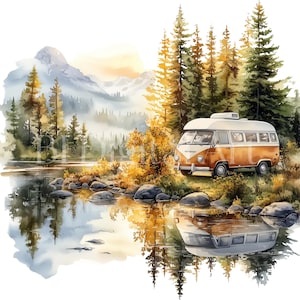 Vintage Camper Van en las montañas Clipart Set, Imágenes de acuarela retro Camper, Diseños de camping en la naturaleza, 8 PNG JPG de alta calidad, Descarga digital