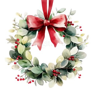 Couronne de Noël avec clipart de baies rouges, aquarelle couronne de l’Avent PNG, téléchargement numérique, modèle en papier, journaux indésirables, utilisation commerciale
