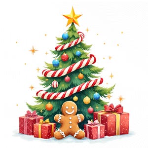 May include: Watercolor illustration of a decorated Christmas tree with a gold star, candy cane stripes, and colorful ornaments. A gingerbread man and wrapped gifts with red bows are at the base of the tree.