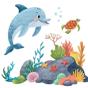 8 cliparts de dauphins, scène sous-marine à l'aquarelle avec des dauphins, PNG/JPG transparent, téléchargement numérique, sublimation, bricolage et fabrication de cartes