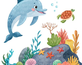 Watercolor Dolphin Clipart, Underwater Scene, PNG JPG (Digital Download)