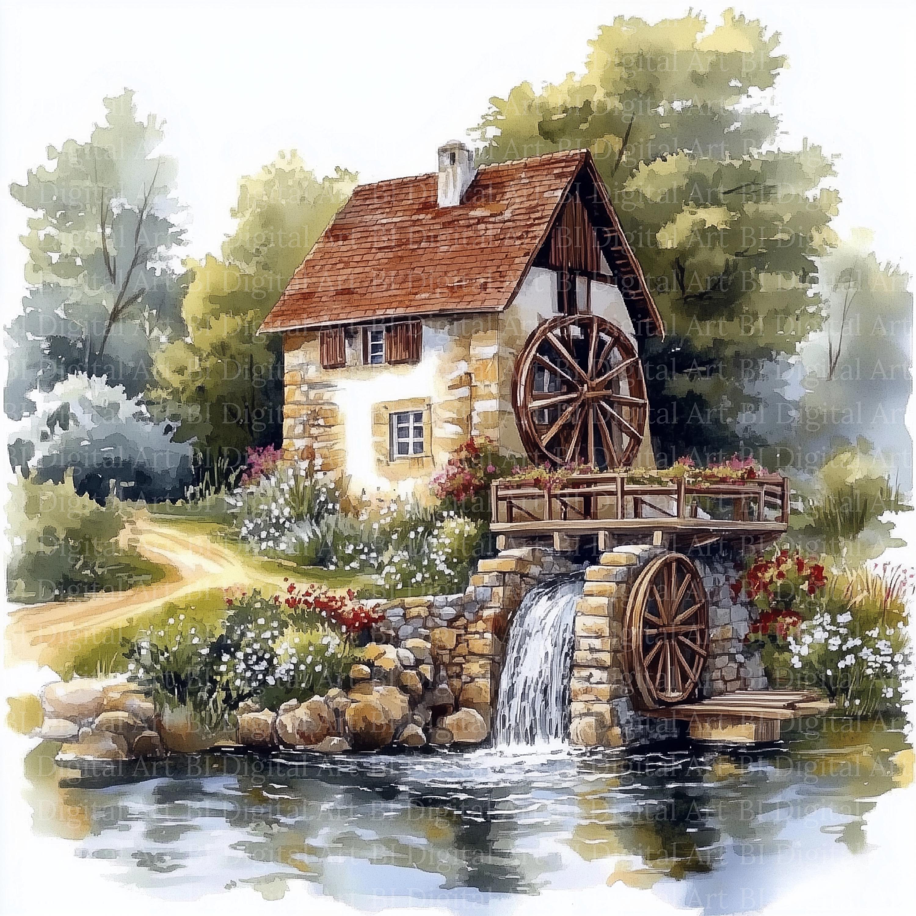 幅137×高さ77 自然の風景 水車小屋 絵画 アウトレット特価品 お買い得商品 水彩画風水車小屋のクリップアート、川の風景イラスト（デジタル