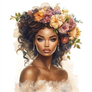 Zwarte vrouwen met bloemen clipart, bloemenhoofdkunst, afdrukbare aquarel clipart, Afro vrouw clipart, digitale download, hoge kwaliteit JPG