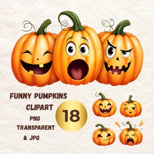 May include: A digital illustration featuring three orange pumpkins with expressive carved faces and green stems. The text "FUNNY PUMPKINS CLIPART PNG TRANSPARENT & JPG" is displayed. A gold circle with the number "18" is also present.